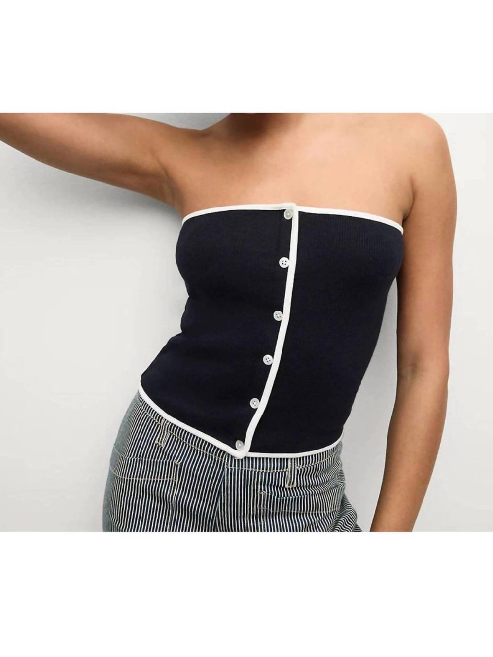Veronica Beard The Valley Navy Ribbed Button-Front Tube Top Sz Small